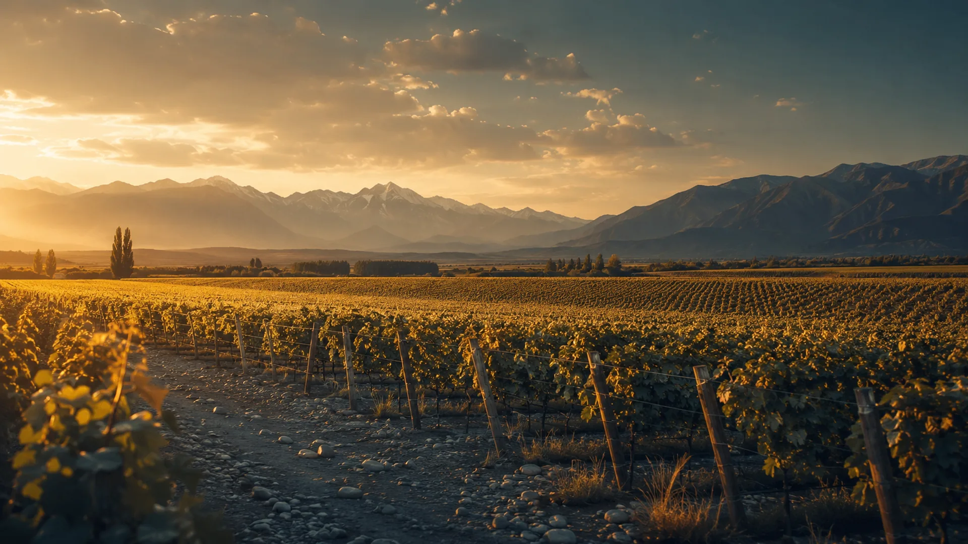 Viñedo argentino al atardecer con la Cordillera de los Andes